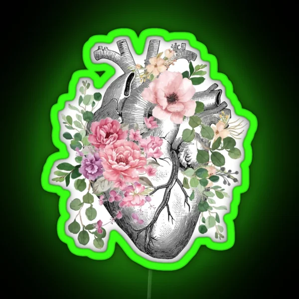 Bloom Floral Heart Human Anatomy Pink Roses Flowers RGB Neon Sign