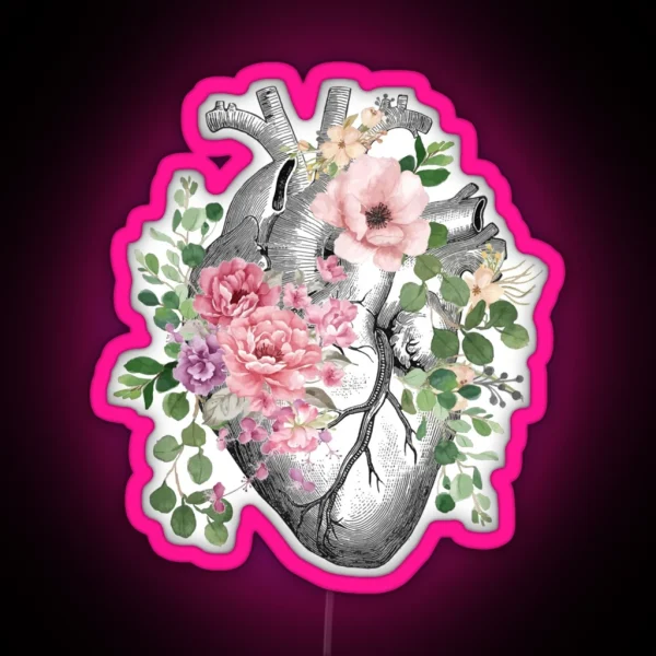 Bloom Floral Heart Human Anatomy Pink Roses Flowers RGB Neon Sign