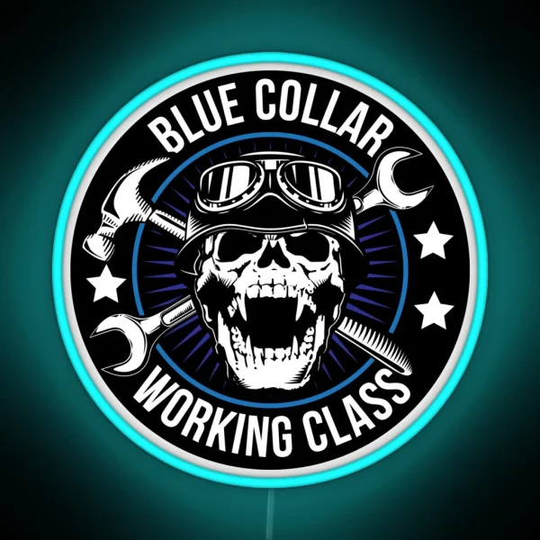 Blue Collar Working Class Skull RGB Neon Sign