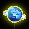 Vibrant blue LED planet display with multicolor RGB neon glow