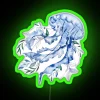 Vibrant blue jellyfish with leaves in radiant RGB neon glow.