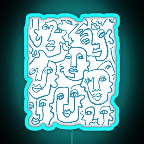 Blue Line Art Faces Print RGB Neon Sign