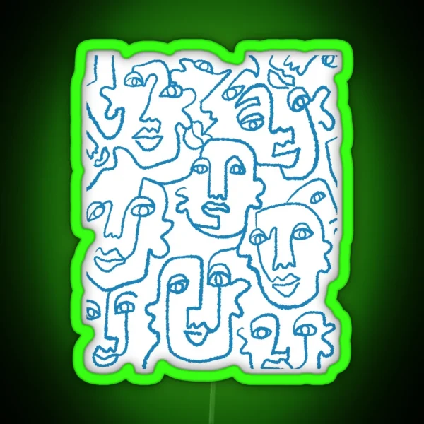 Blue Line Art Faces Print RGB Neon Sign