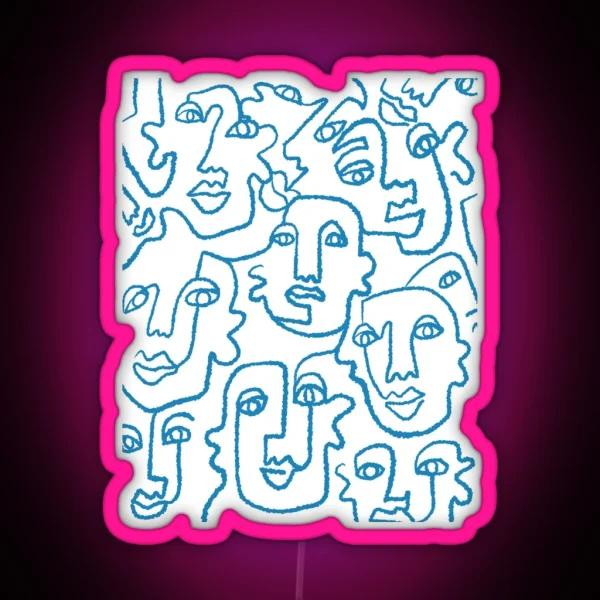 Blue Line Art Faces Print RGB Neon Sign