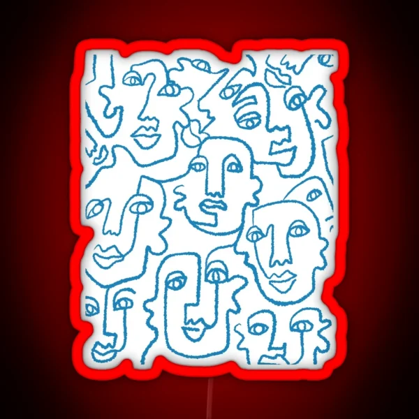 Blue Line Art Faces Print RGB Neon Sign