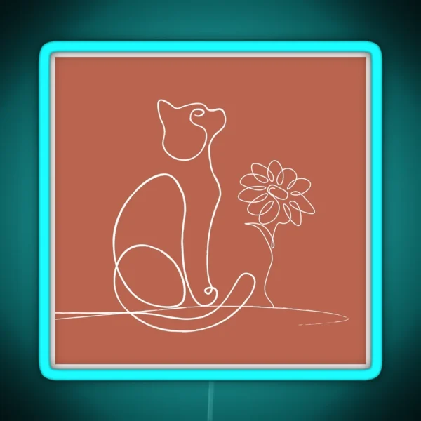 Boho Burnt Orange Cat Line Art Daisy Flower RGB Neon Sign