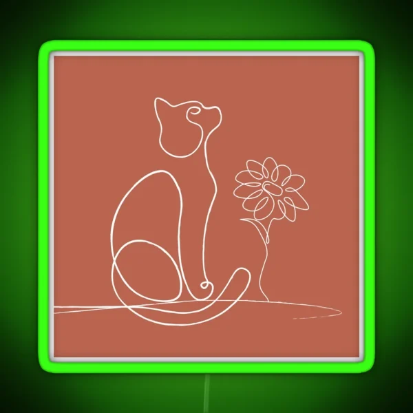 Boho Burnt Orange Cat Line Art Daisy Flower RGB Neon Sign