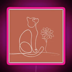 Boho Burnt Orange Cat Line Art Daisy Flower RGB Neon Sign