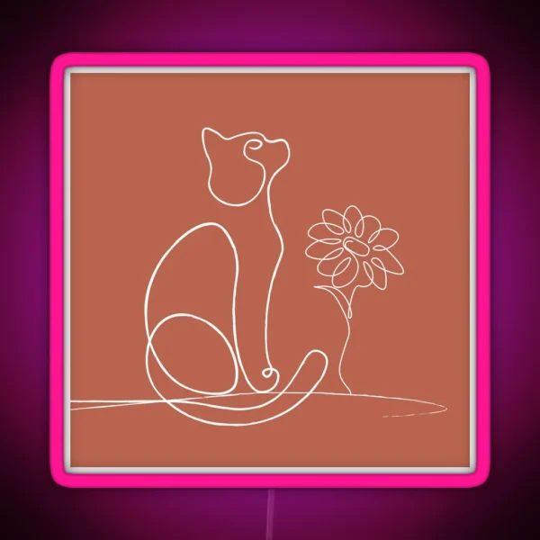 Boho Burnt Orange Cat Line Art Daisy Flower RGB Neon Sign