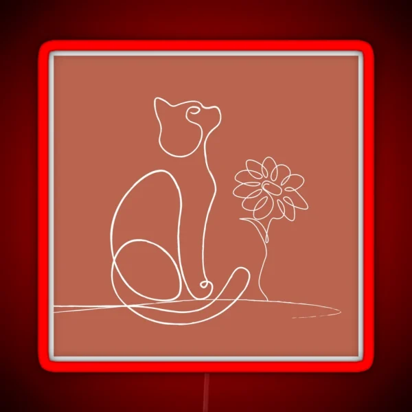 Boho Burnt Orange Cat Line Art Daisy Flower RGB Neon Sign