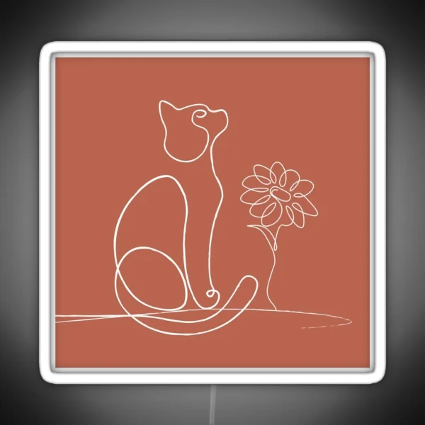 Boho Burnt Orange Cat Line Art Daisy Flower RGB Neon Sign