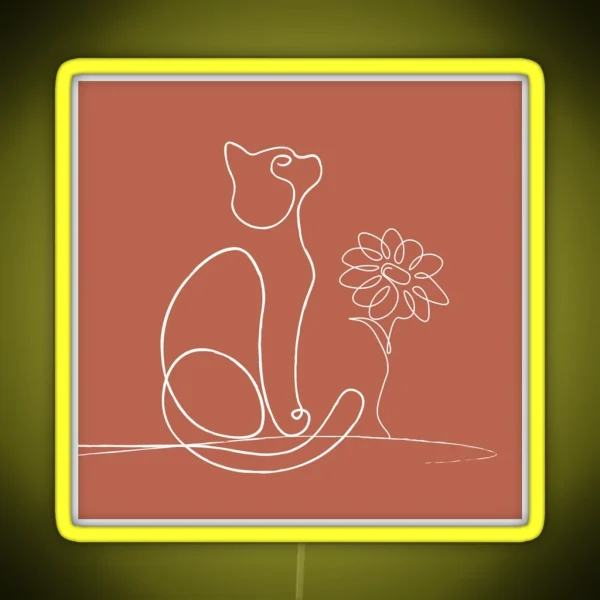 Boho Burnt Orange Cat Line Art Daisy Flower RGB Neon Sign