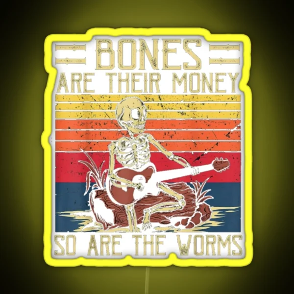 Bones Are Their Money Skeleton Playing Guitar Retro Vintage RGB Neon Sign