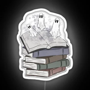 Book Stack And Open Book With Cute Ghosts RGB Neon Sign