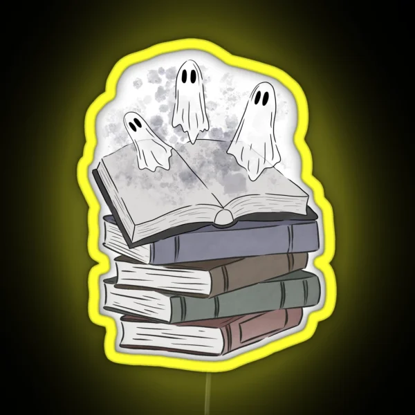 Book Stack And Open Book With Cute Ghosts RGB Neon Sign