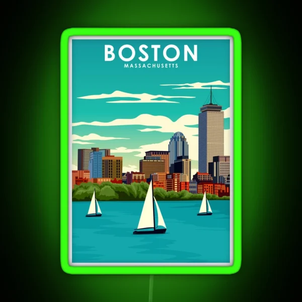 Boston Massachusetts Vintage Minimal Travel Poster RGB Neon Sign