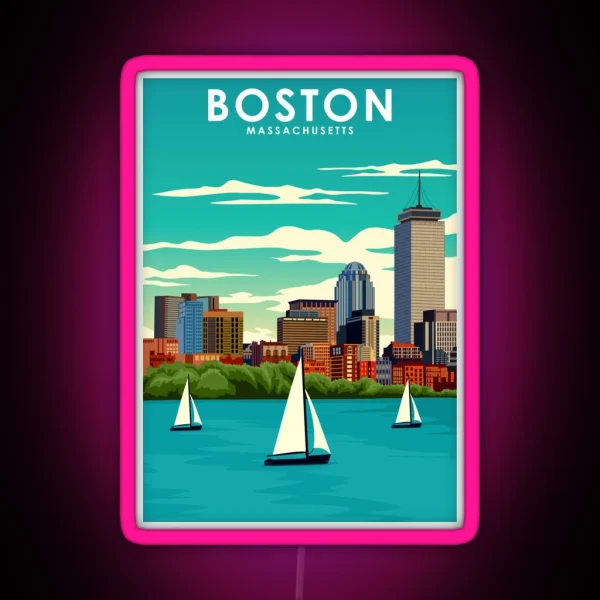 Boston Massachusetts Vintage Minimal Travel Poster RGB Neon Sign