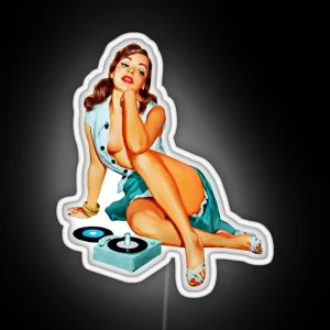 Brunette Girl Listening To Music Sexy Pinup Retro Classic Vintage Blue Edition RGB Neon Sign