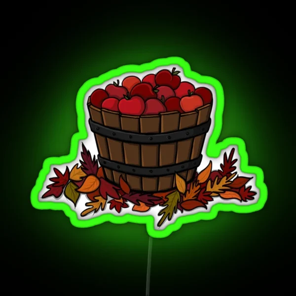 Bucket Of Juicy Red Apples On Some Autumn Leaves RGB Neon Sign