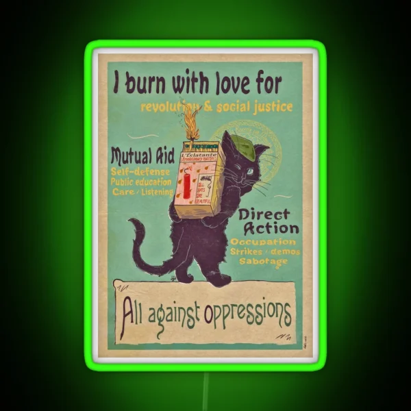 Burn With Love For Revolution Art Nouveau Cat RGB Neon Sign