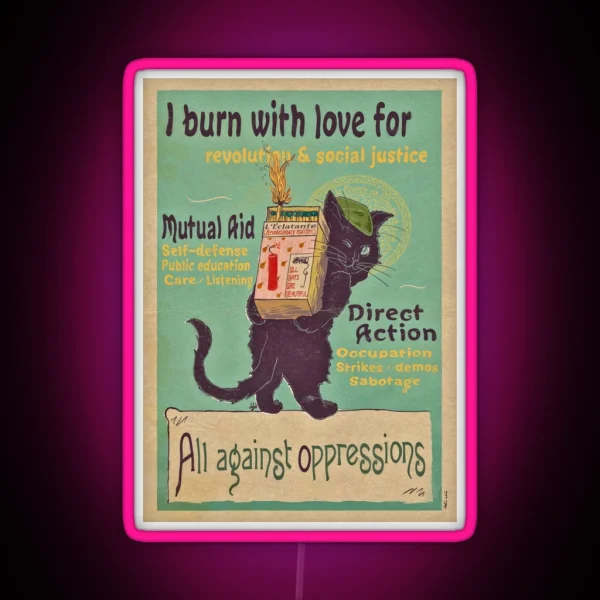 Burn With Love For Revolution Art Nouveau Cat RGB Neon Sign