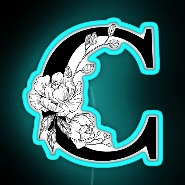 C Botanical Monogram Detailed Peony Drawing RGB Neon Sign