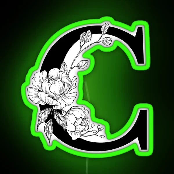 C Botanical Monogram Detailed Peony Drawing RGB Neon Sign