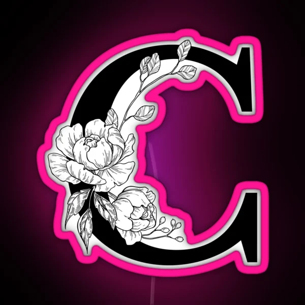 C Botanical Monogram Detailed Peony Drawing RGB Neon Sign