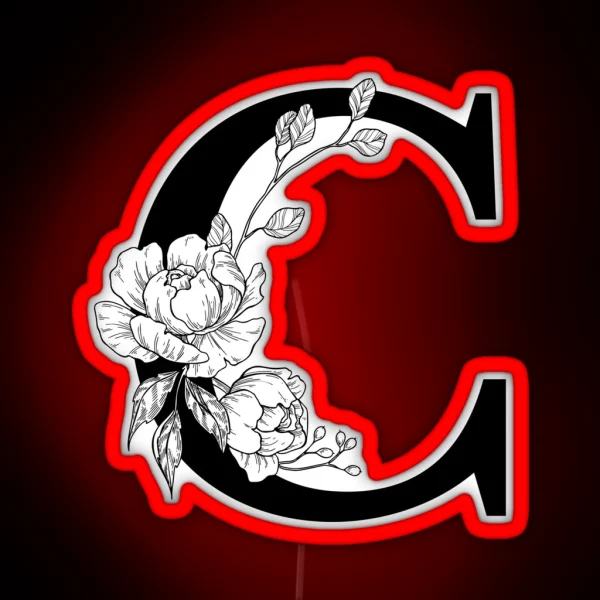 C Botanical Monogram Detailed Peony Drawing RGB Neon Sign