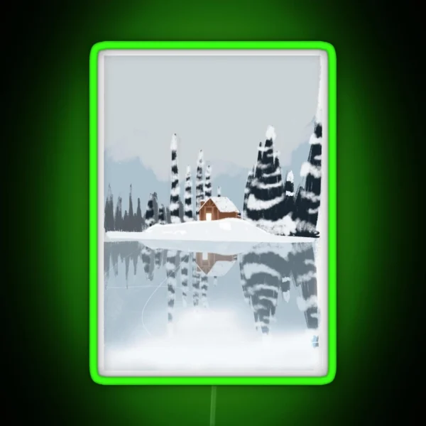 Cabin In Snowy Mountains RGB Neon Sign