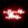 Vibrant 'Caffeinate and Educate' neon sign in colorful RGB lighting.