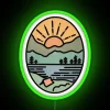 Vintage camping mountain sunset ambiance with colorful glowing neon lights