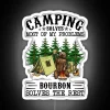 Neon sign boasting a bourbon loving camper's carefree outdoor mantra.