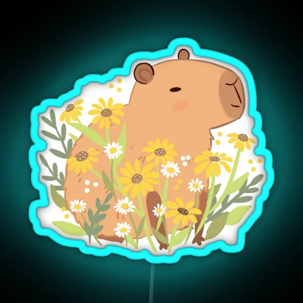 Capybara With Daisy Flowers RGB Neon Sign