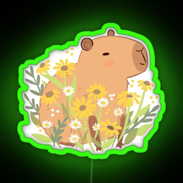Capybara With Daisy Flowers RGB Neon Sign