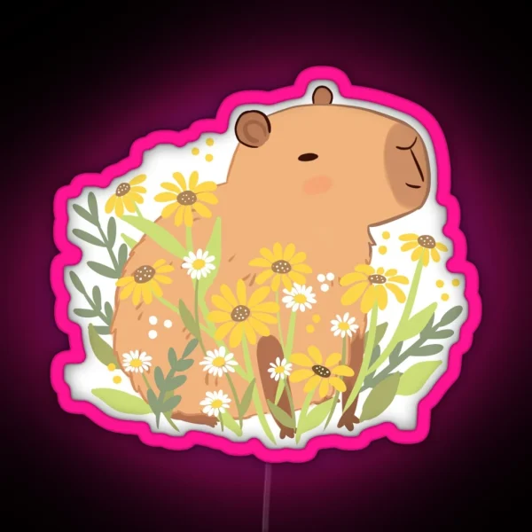 Capybara With Daisy Flowers RGB Neon Sign