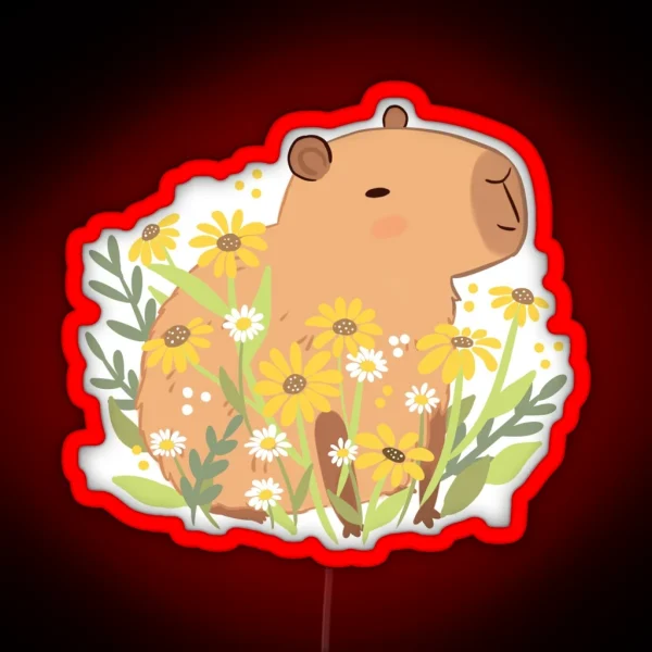 Capybara With Daisy Flowers RGB Neon Sign