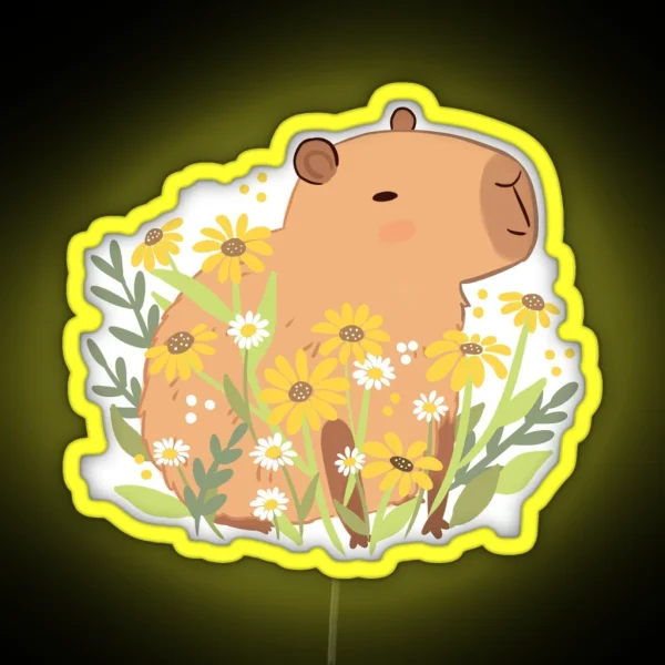 Capybara With Daisy Flowers RGB Neon Sign