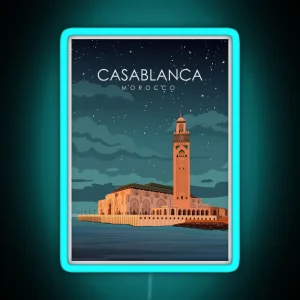 Casablanca Morocco Vintage Minimal Travel Poster At Night RGB Neon Sign