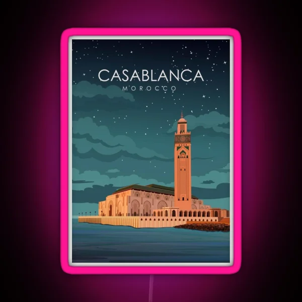 Casablanca Morocco Vintage Minimal Travel Poster At Night RGB Neon Sign