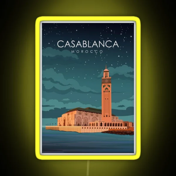 Casablanca Morocco Vintage Minimal Travel Poster At Night RGB Neon Sign