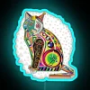 Whimsical Feline Cubism Art Piece with Vibrant Rainbow Neon Sign Design