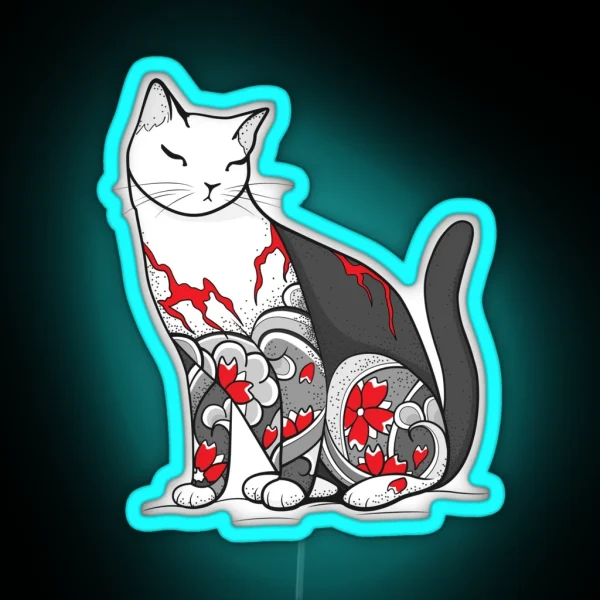 Cat In Cherry Blossom Tattoo RGB Neon Sign