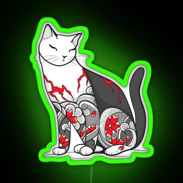 Cat In Cherry Blossom Tattoo RGB Neon Sign