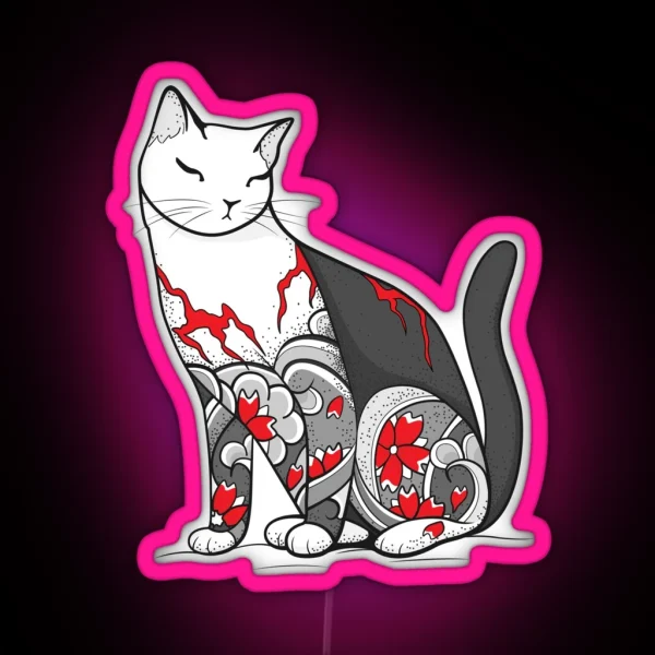 Cat In Cherry Blossom Tattoo RGB Neon Sign