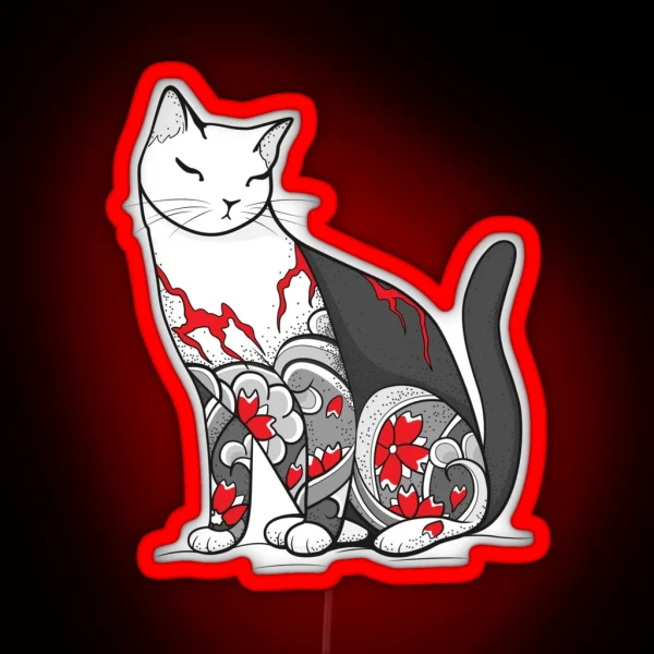 Cat In Cherry Blossom Tattoo RGB Neon Sign