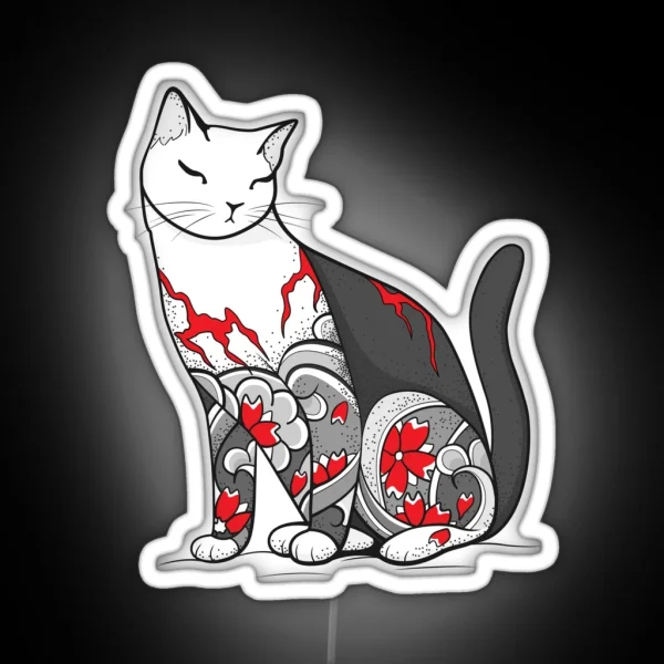 Cat In Cherry Blossom Tattoo RGB Neon Sign