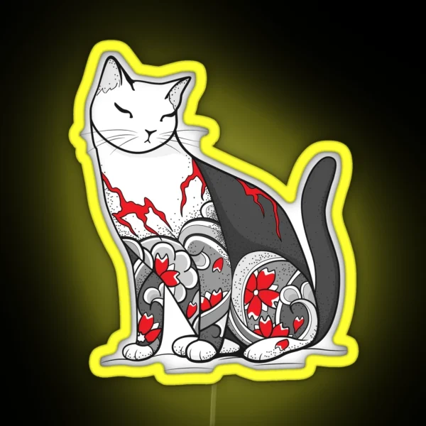 Cat In Cherry Blossom Tattoo RGB Neon Sign
