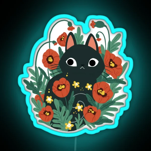 Cat In Poppy Flowers RGB Neon Sign