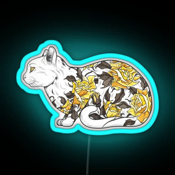 Cat In Yellow Roses Tattoo RGB Neon Sign